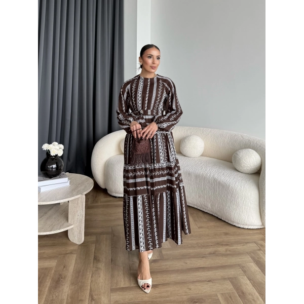 Hew - Warm Bağcıklı Deseneli Elbise - Kahve