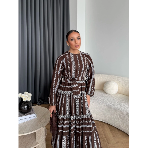 Hew - Warm Bağcıklı Deseneli Elbise - Kahve