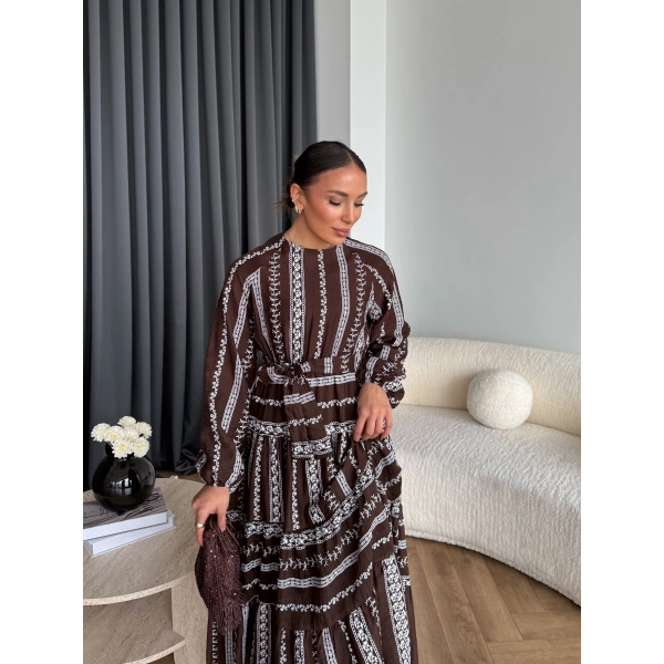 Hew - Warm Bağcıklı Deseneli Elbise - Kahve