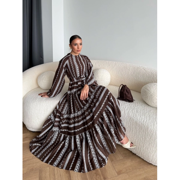 Hew - Warm Bağcıklı Deseneli Elbise - Kahve