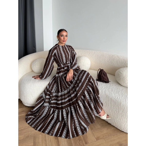 Hew - Warm Bağcıklı Deseneli Elbise - Kahve