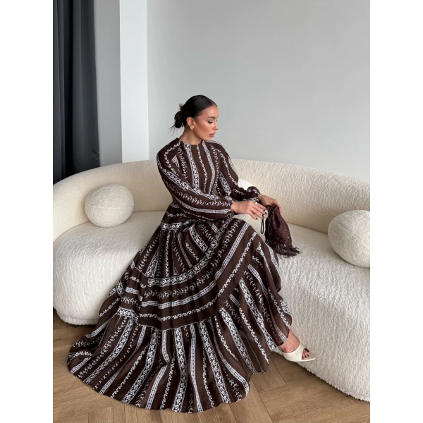 Hew - Warm Bağcıklı Deseneli Elbise - Kahve