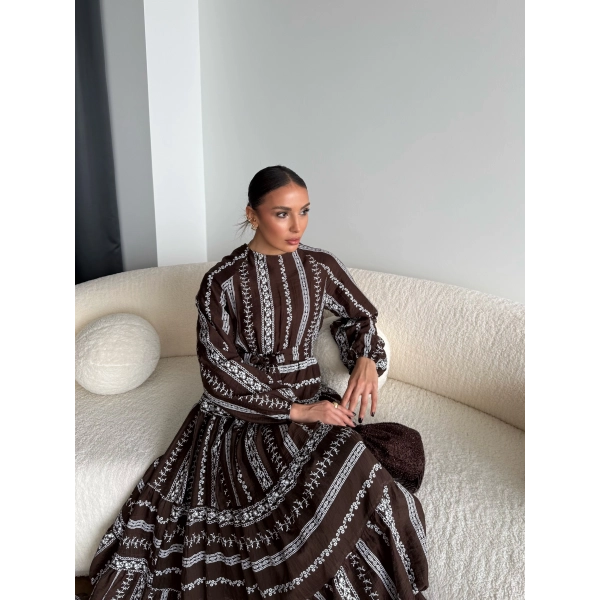 Hew - Warm Bağcıklı Deseneli Elbise - Kahve