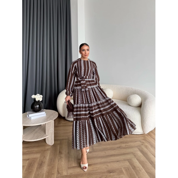 Hew - Warm Bağcıklı Deseneli Elbise - Kahve