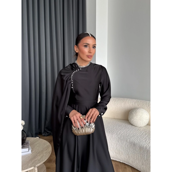 Fuş - Honey Şal Detaylı Saten Elbise - Siyah