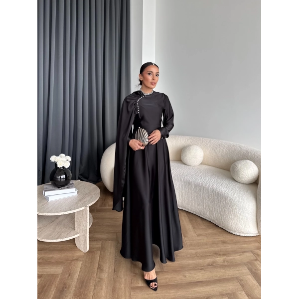 Fuş - Honey Şal Detaylı Saten Elbise - Siyah