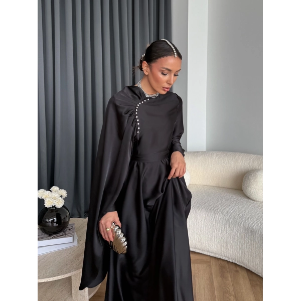 Fuş - Honey Şal Detaylı Saten Elbise - Siyah