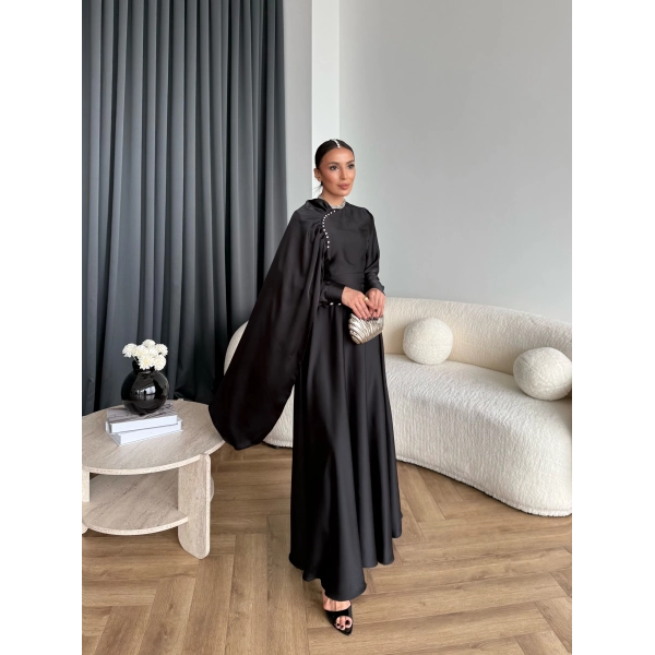 Fuş - Honey Şal Detaylı Saten Elbise - Siyah