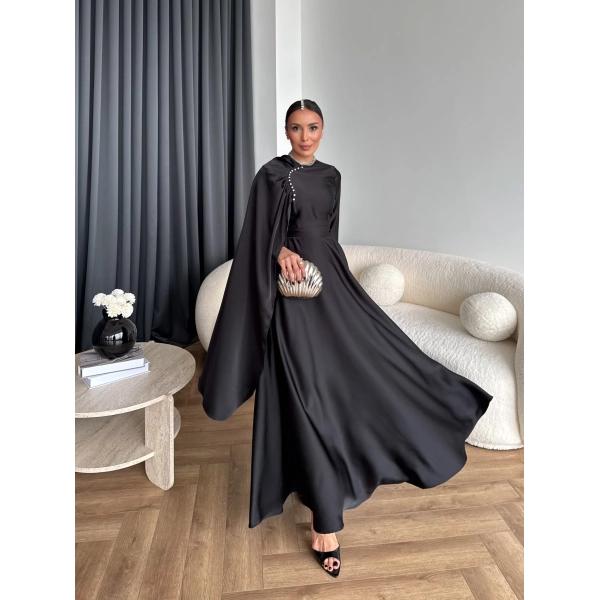 Fuş - Honey Şal Detaylı Saten Elbise - Siyah