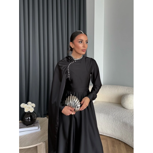 Fuş - Honey Şal Detaylı Saten Elbise - Siyah