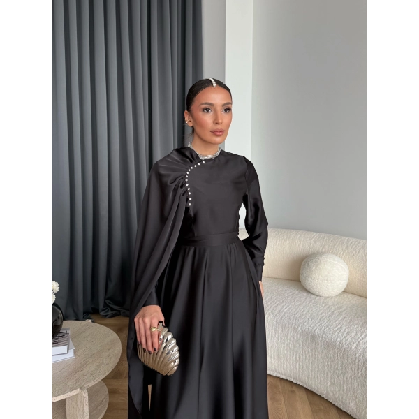 Fuş - Honey Şal Detaylı Saten Elbise - Siyah