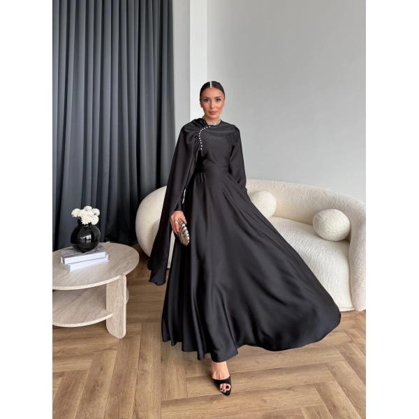 Fuş - Honey Şal Detaylı Saten Elbise - Siyah