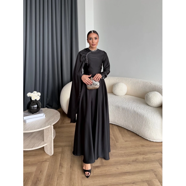 Fuş - Honey Şal Detaylı Saten Elbise - Siyah