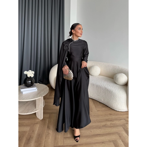 Fuş - Honey Şal Detaylı Saten Elbise - Siyah