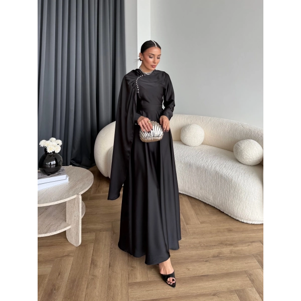 Fuş - Honey Şal Detaylı Saten Elbise - Siyah