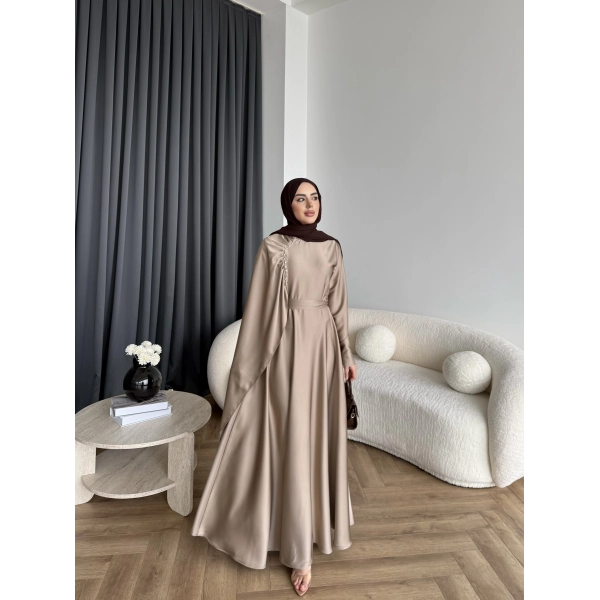 Fuş - Honey Şal Detaylı Saten Elbise - Vizon