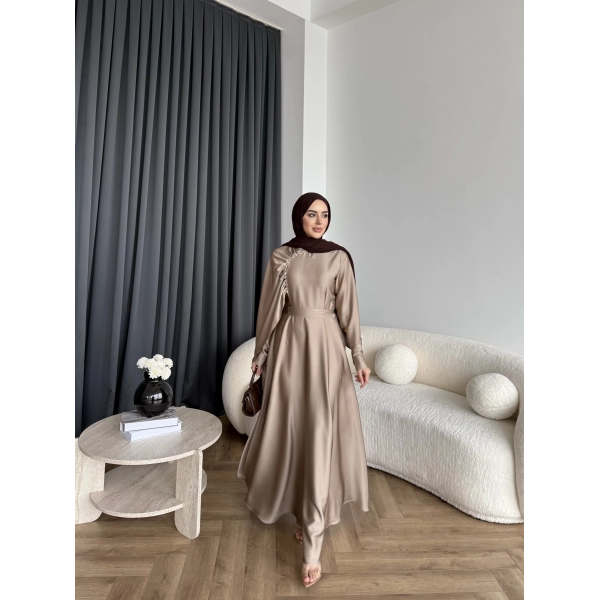 Fuş - Honey Şal Detaylı Saten Elbise - Vizon