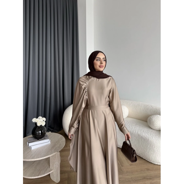 Fuş - Honey Şal Detaylı Saten Elbise - Vizon