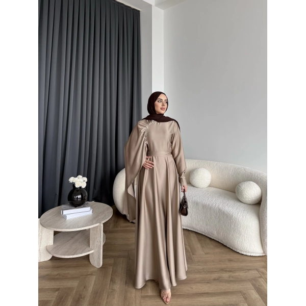 Fuş - Honey Şal Detaylı Saten Elbise - Vizon