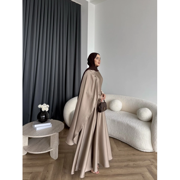 Fuş - Honey Şal Detaylı Saten Elbise - Vizon