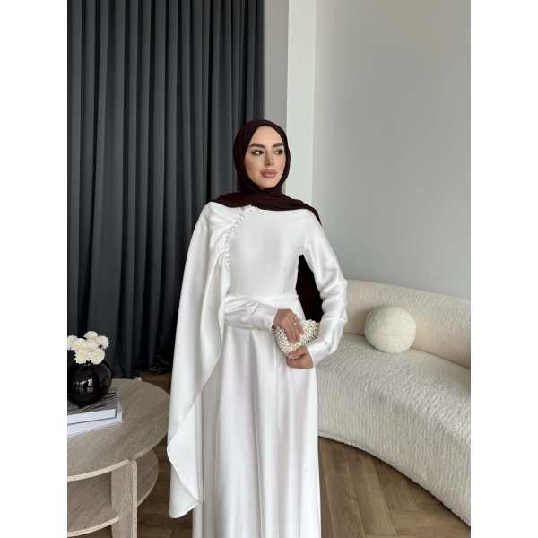 Fuş - Honey Şal Detaylı Saten Elbise - Ekru