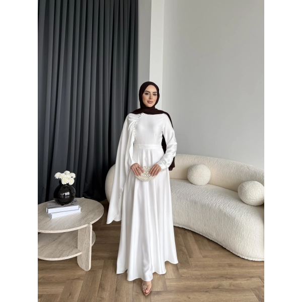 Fuş - Honey Şal Detaylı Saten Elbise - Ekru