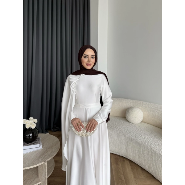 Fuş - Honey Şal Detaylı Saten Elbise - Ekru