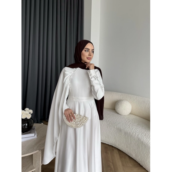 Fuş - Honey Şal Detaylı Saten Elbise - Ekru