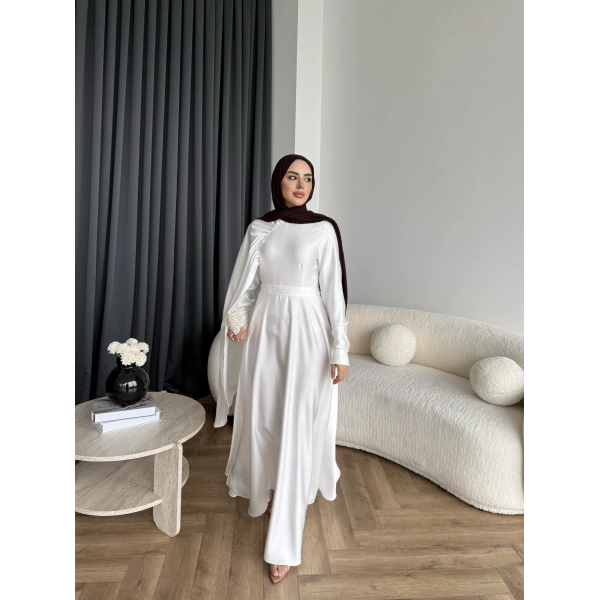 Fuş - Honey Şal Detaylı Saten Elbise - Ekru