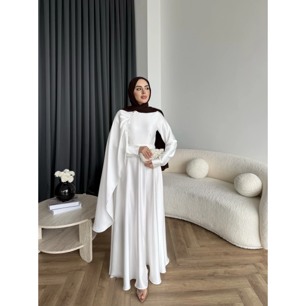 Fuş - Honey Şal Detaylı Saten Elbise - Ekru