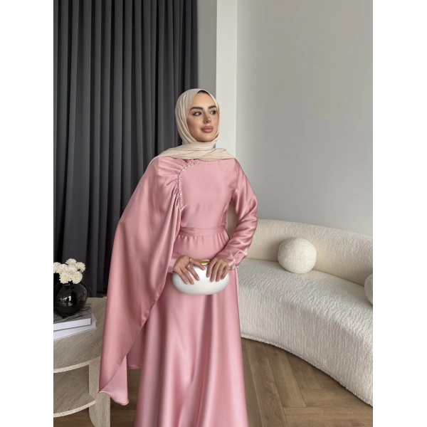 Fuş - Honey Şal Detaylı Saten Elbise - Pudra