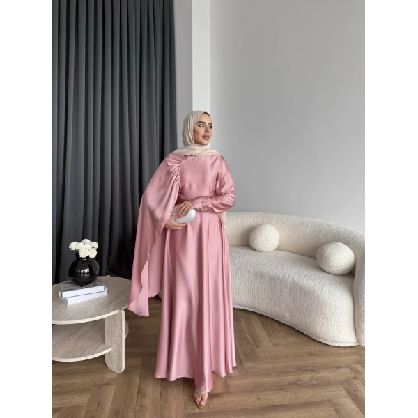 Fuş - Honey Şal Detaylı Saten Elbise - Pudra