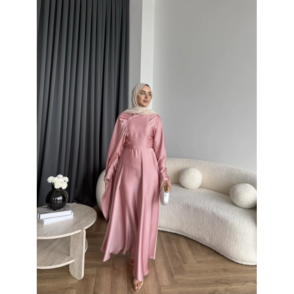 Fuş - Honey Şal Detaylı Saten Elbise - Pudra