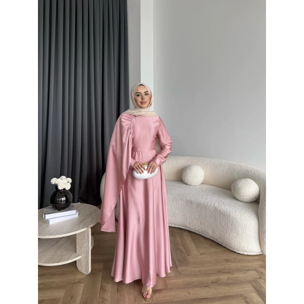 Fuş - Honey Şal Detaylı Saten Elbise - Pudra