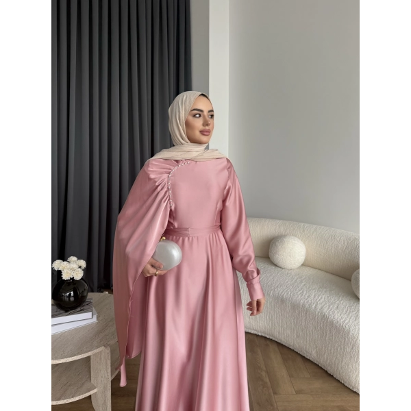 Fuş - Honey Şal Detaylı Saten Elbise - Pudra