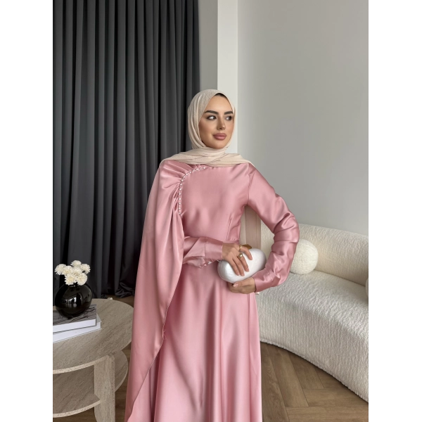 Fuş - Honey Şal Detaylı Saten Elbise - Pudra