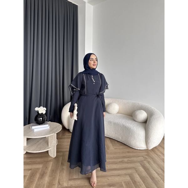 Fuş - Chic Nakış Detay Parlak Tensel Elbise - Lacivert