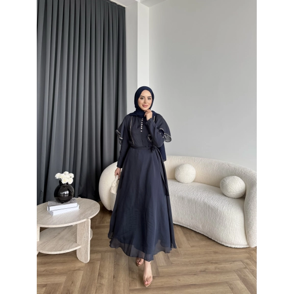 Fuş - Chic Nakış Detay Parlak Tensel Elbise - Lacivert