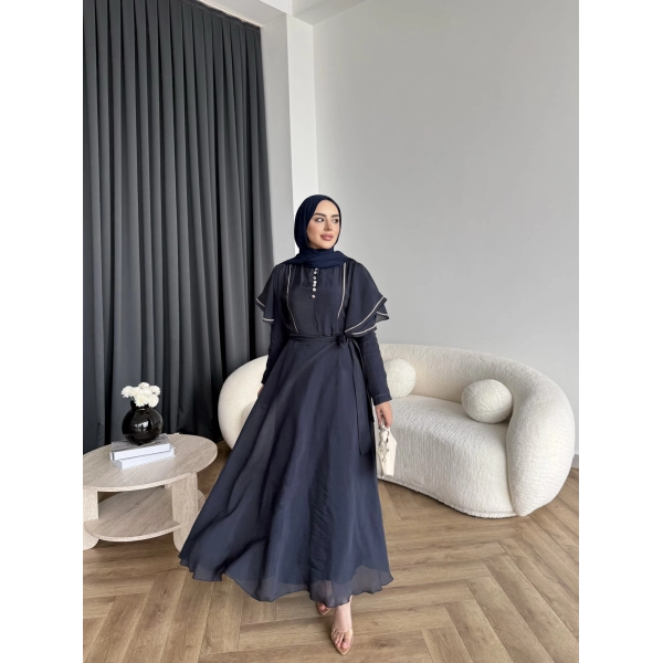 Fuş - Chic Nakış Detay Parlak Tensel Elbise - Lacivert