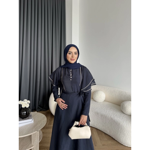 Fuş - Chic Nakış Detay Parlak Tensel Elbise - Lacivert