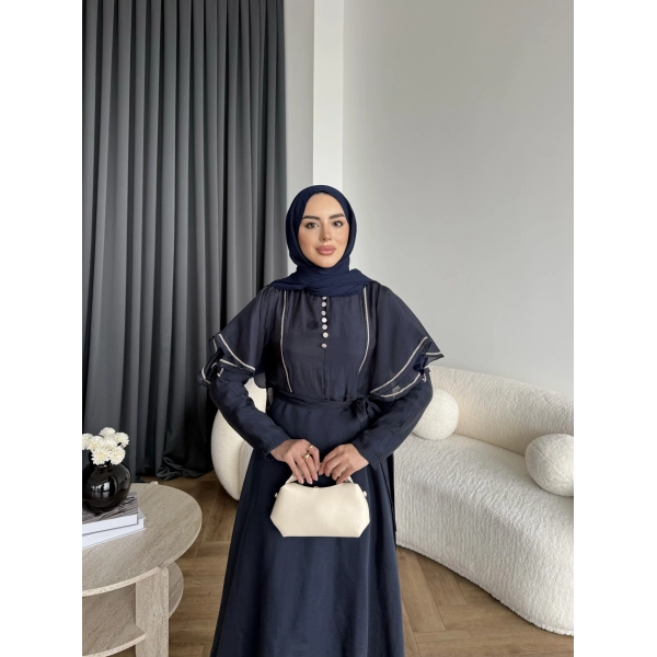 Fuş - Chic Nakış Detay Parlak Tensel Elbise - Lacivert