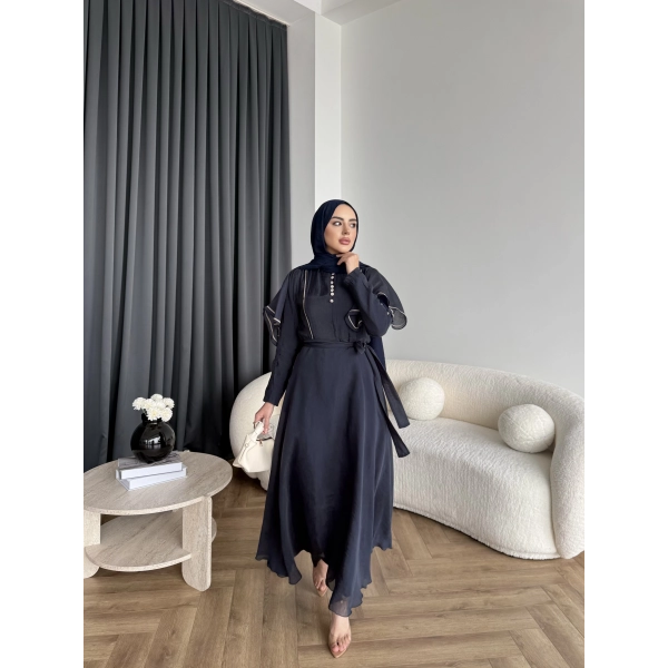 Fuş - Chic Nakış Detay Parlak Tensel Elbise - Lacivert