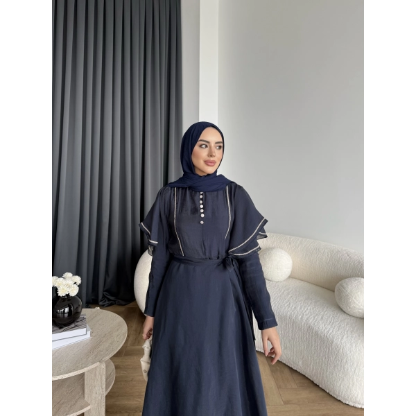 Fuş - Chic Nakış Detay Parlak Tensel Elbise - Lacivert