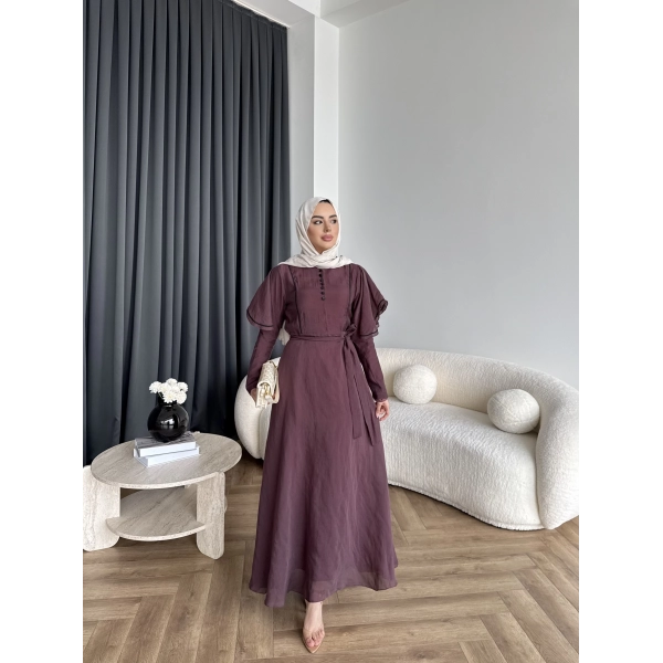 Fuş - Chic Nakış Detay Parlak Tensel Elbise - Mürdüm