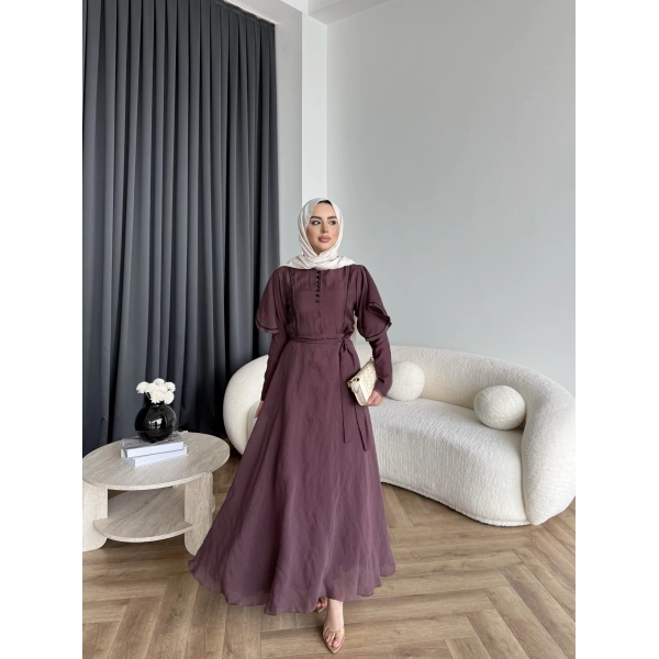 Fuş - Chic Nakış Detay Parlak Tensel Elbise - Mürdüm