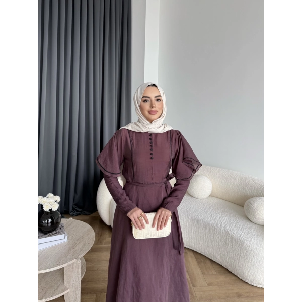 Fuş - Chic Nakış Detay Parlak Tensel Elbise - Mürdüm