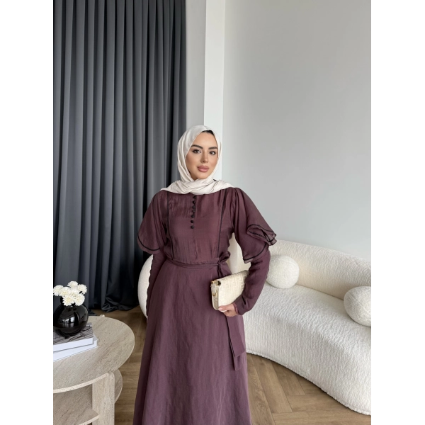 Fuş - Chic Nakış Detay Parlak Tensel Elbise - Mürdüm