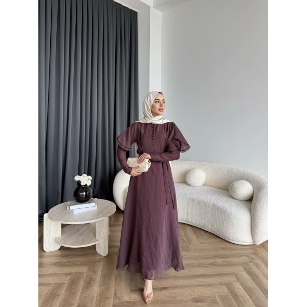 Fuş - Chic Nakış Detay Parlak Tensel Elbise - Mürdüm