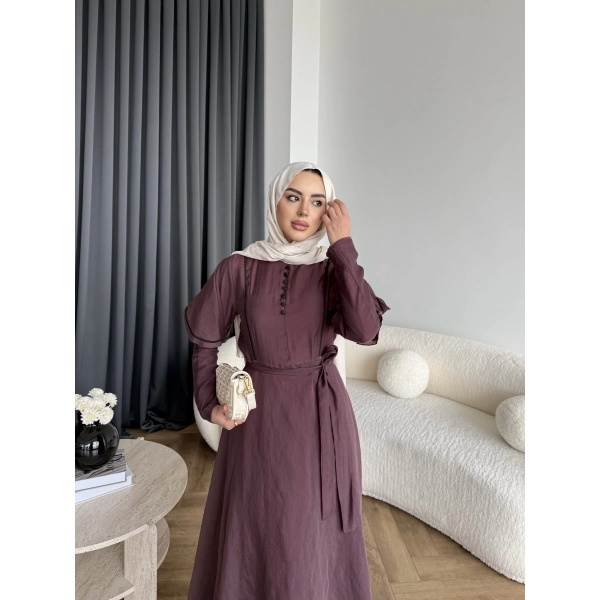 Fuş - Chic Nakış Detay Parlak Tensel Elbise - Mürdüm