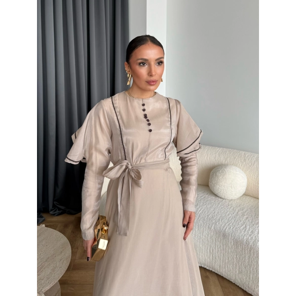 Fuş - Chic Nakış Detay Parlak Tensel Elbise - Bej